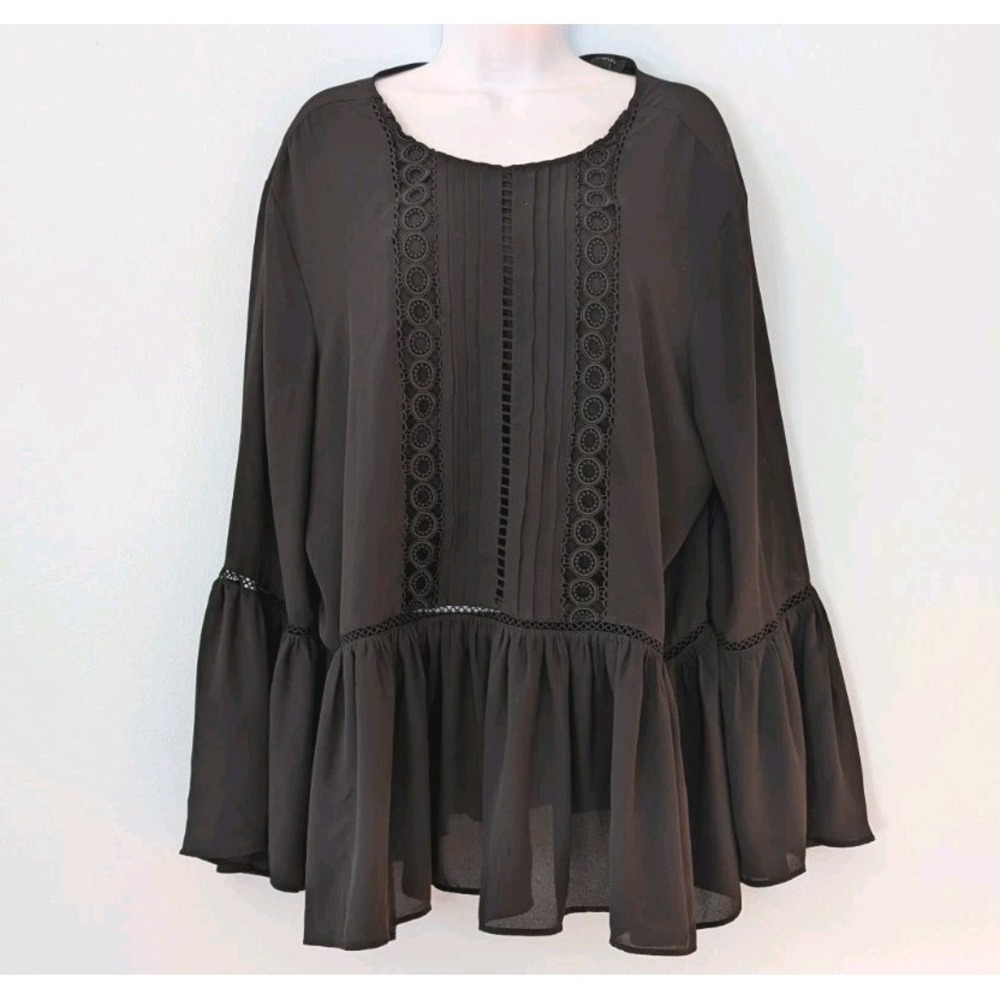Ann Taylor Peasant Top Women's XL Black Flowy Bell Sleeves Lace Trim Peplum